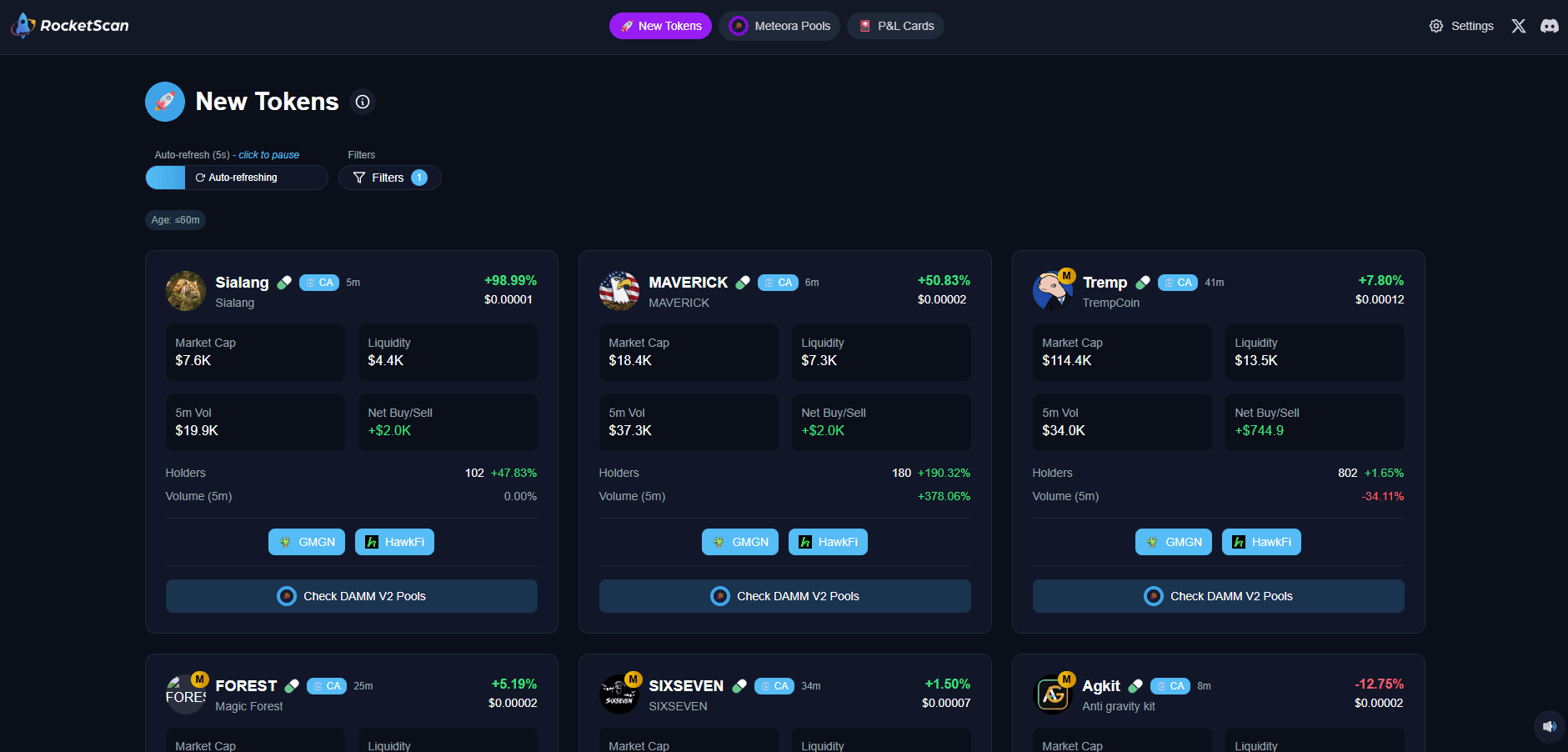 RocketScan New Tokens dashboard
