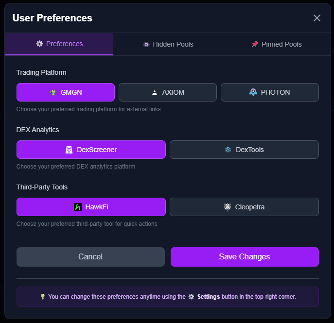 User Preferences modal